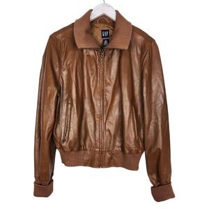 Vintage Gap Jacket Mens XL Brown Leather Bomber Full Zip Ribbed Collar Lined